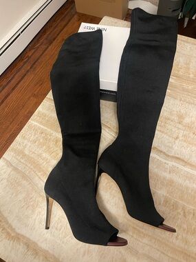 Black Peep-Toe Stiletto Knee-High Boots - Women's